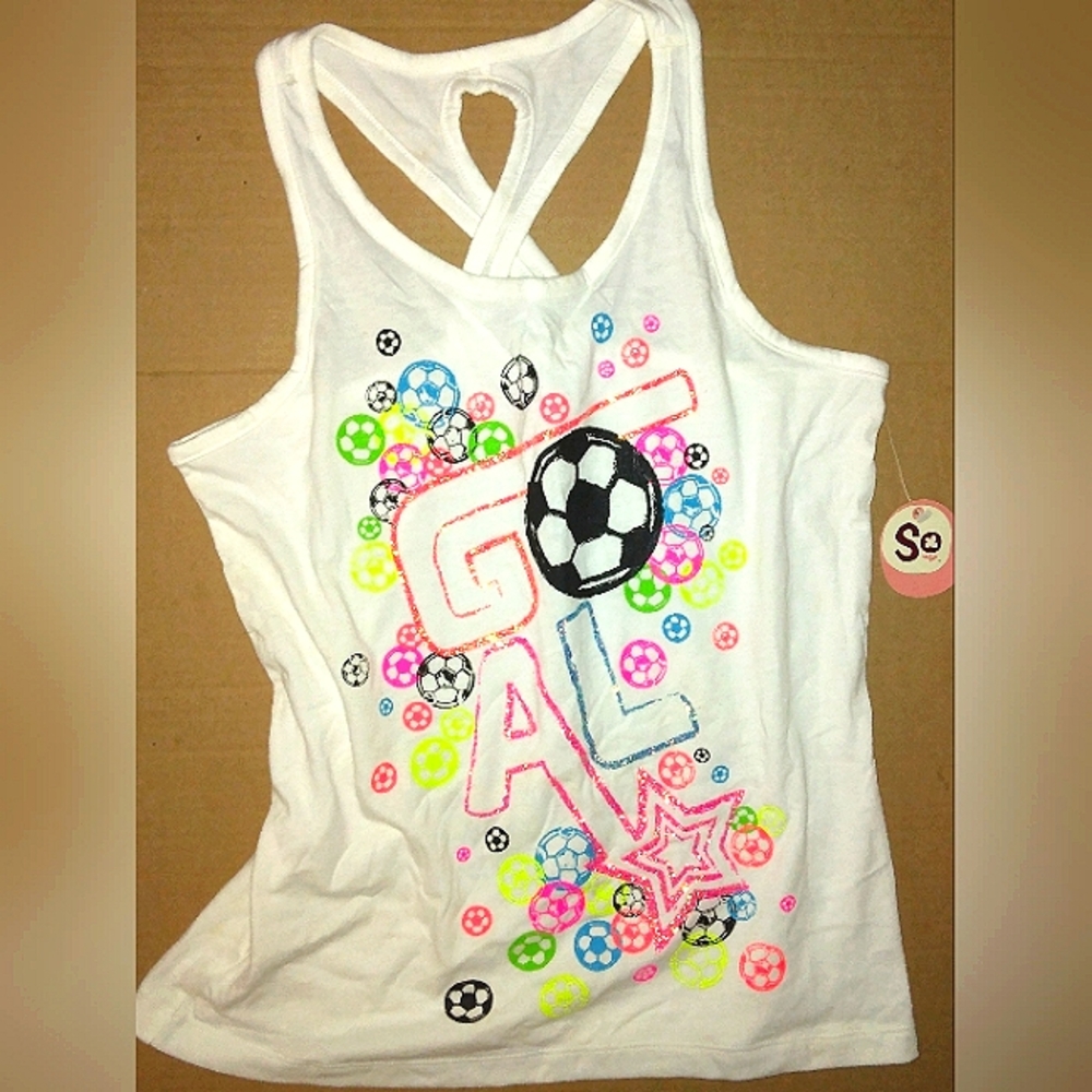 NWT Tween Girls 'So' Criss Cross Keyhole ⚽ Soccor Theme Graphic Tank Top